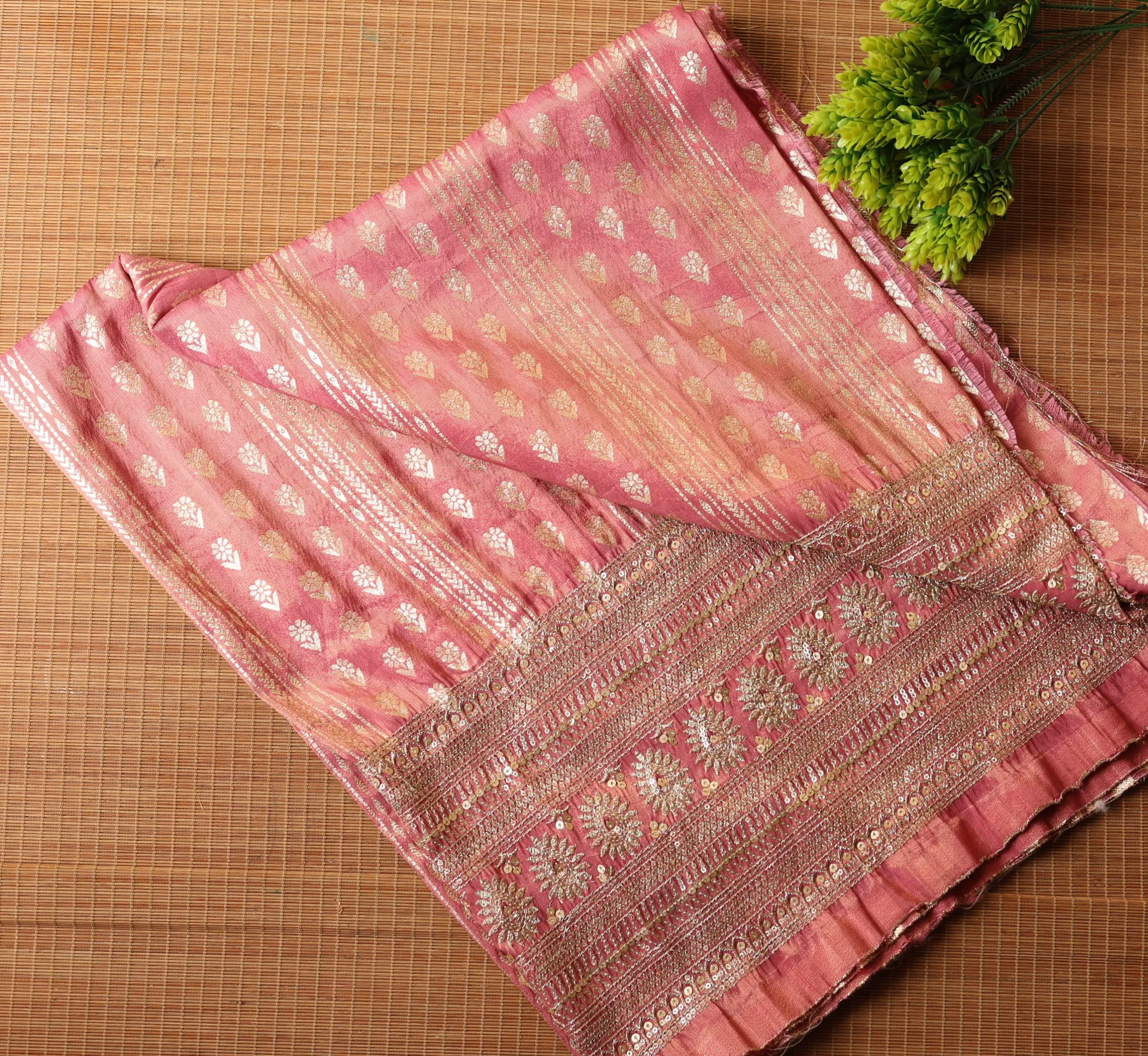 Onion Pink Shimmer Fabric - Zari Flower Print