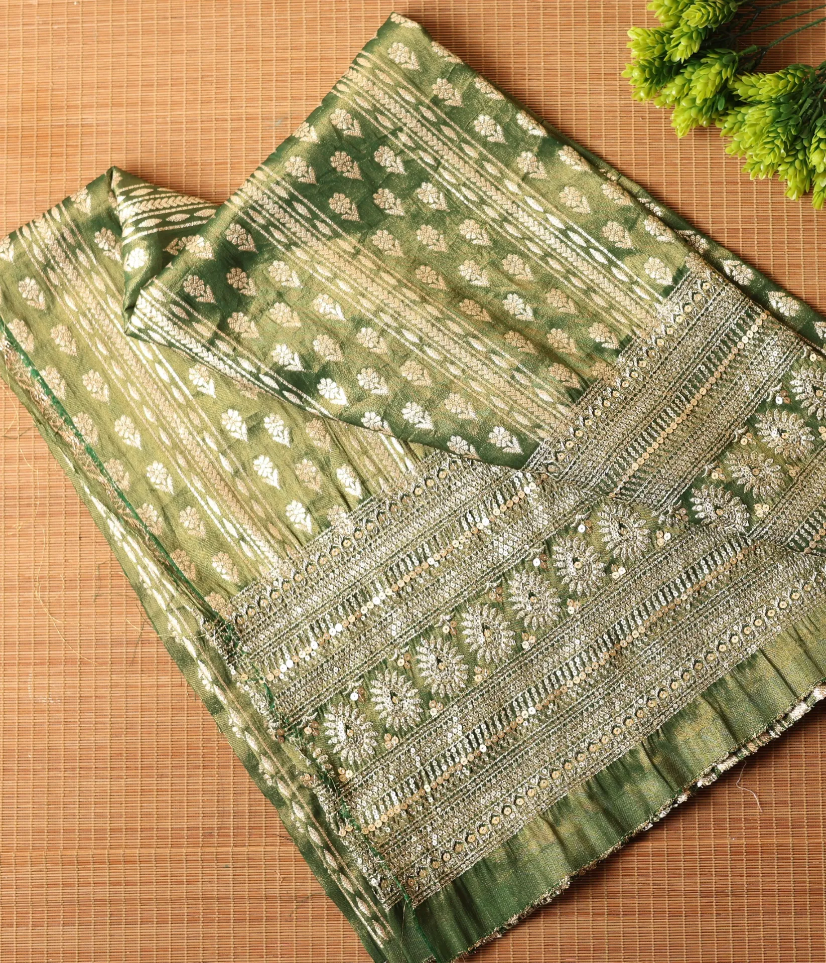 Olive Green Shimmer Fabric - Zari Flower Print