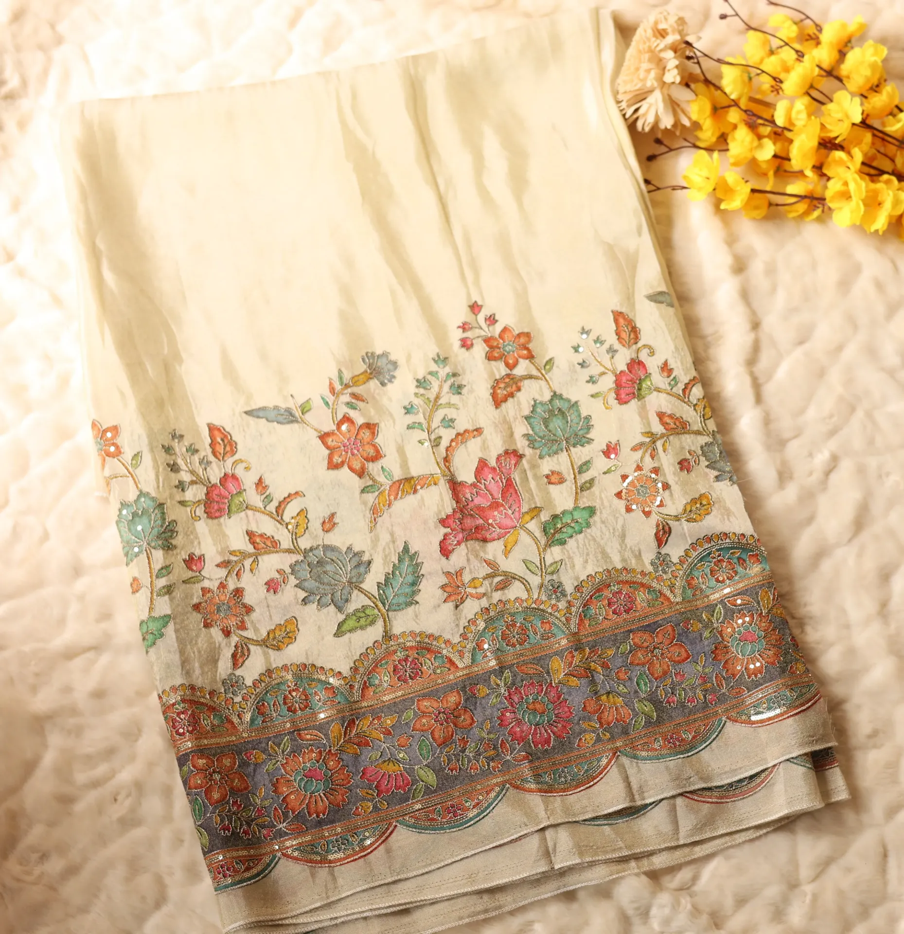 Ivory - Floral Pattern Embroidered Cosmo Silk with Sequin