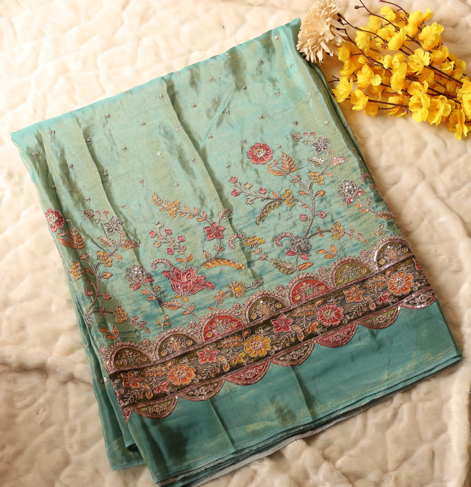 Pista Green - Floral Pattern Embroidered Cosmo Silk with Sequin