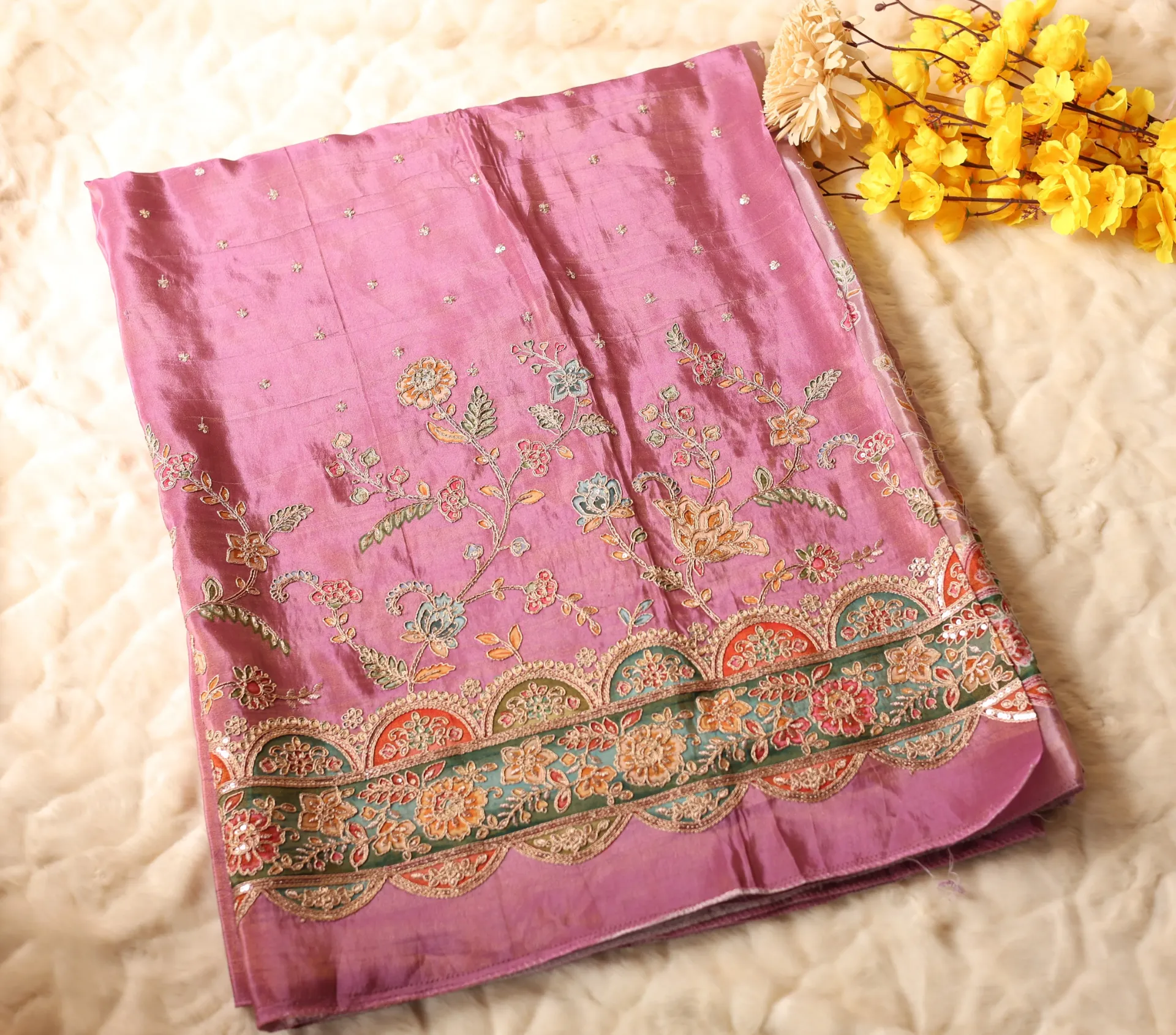 Onion Pink - Floral Pattern Embroidered Cosmo Silk with Sequin