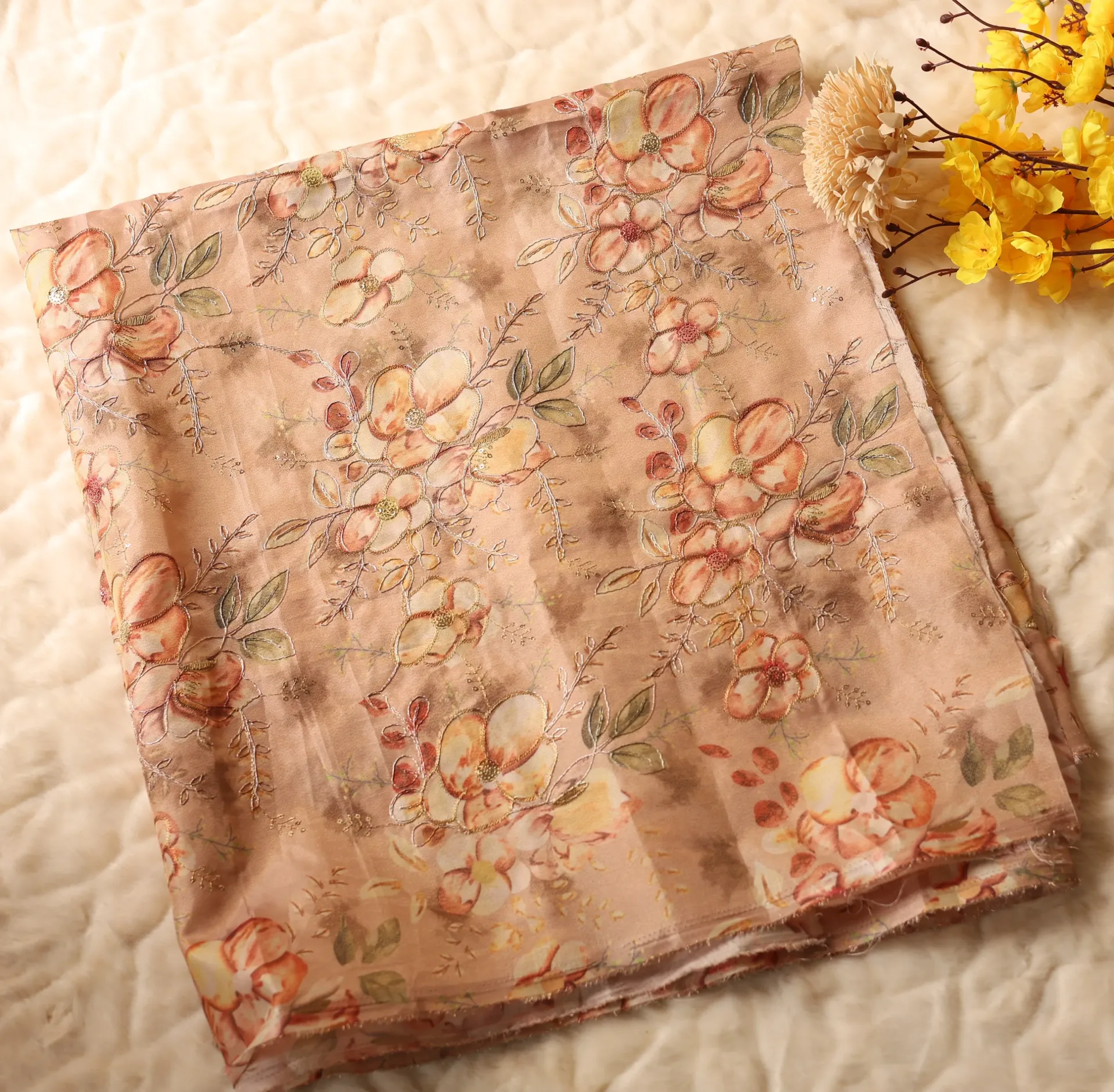 Cream Floral Printed Organza Fabric