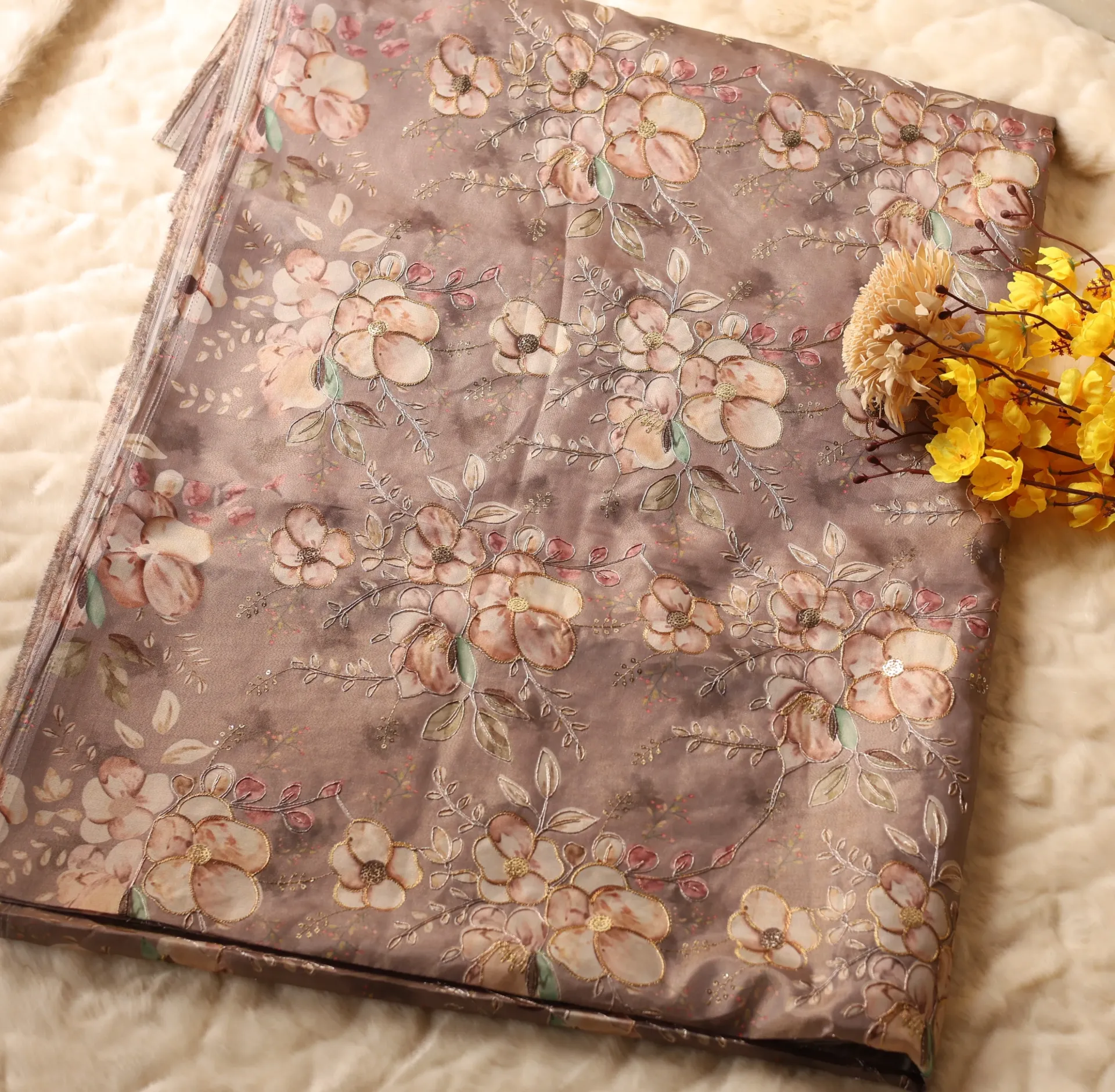 Grey Floral Printed Organza Fabric