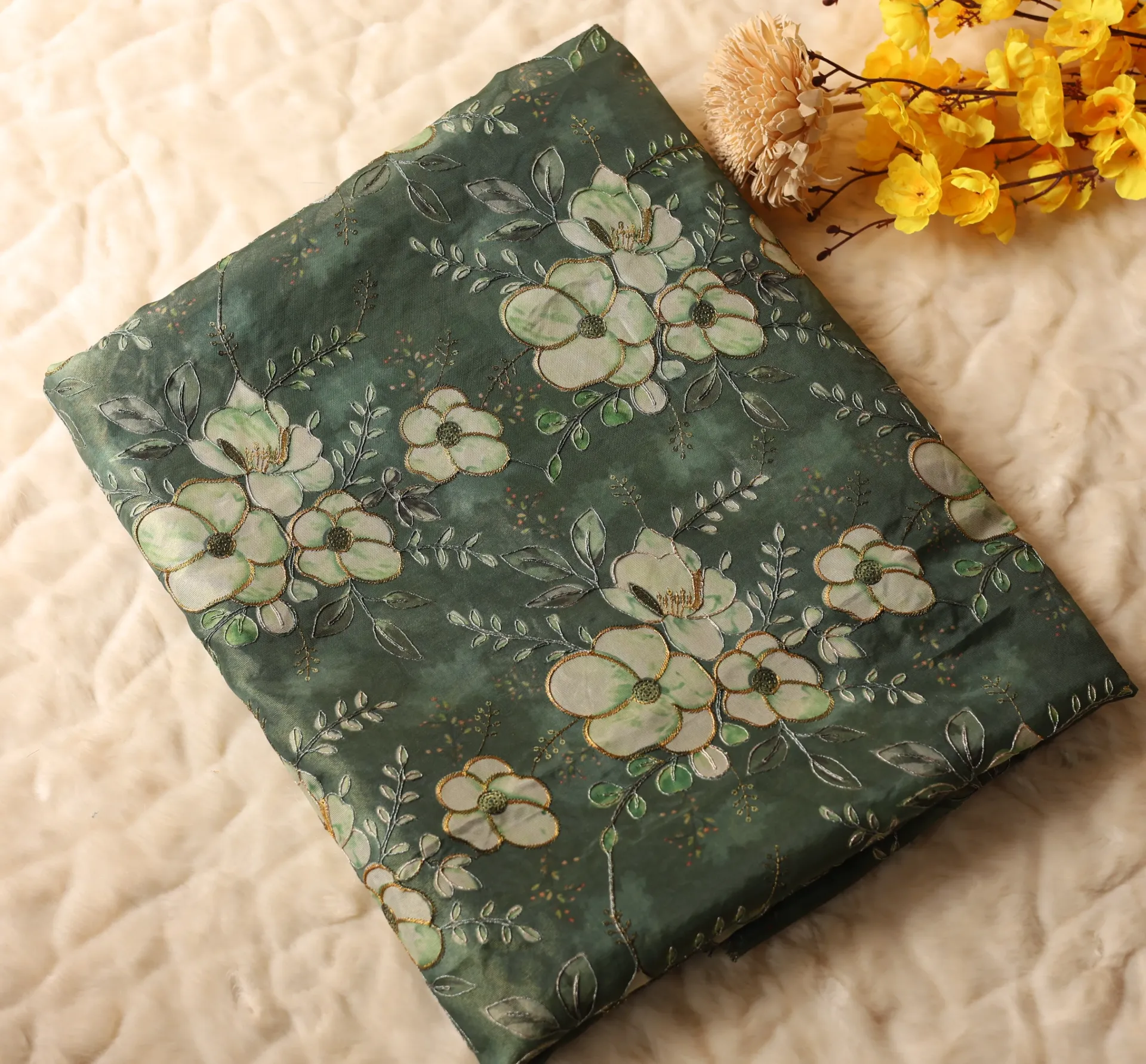 Olive Green Floral Printed Organza Fabric