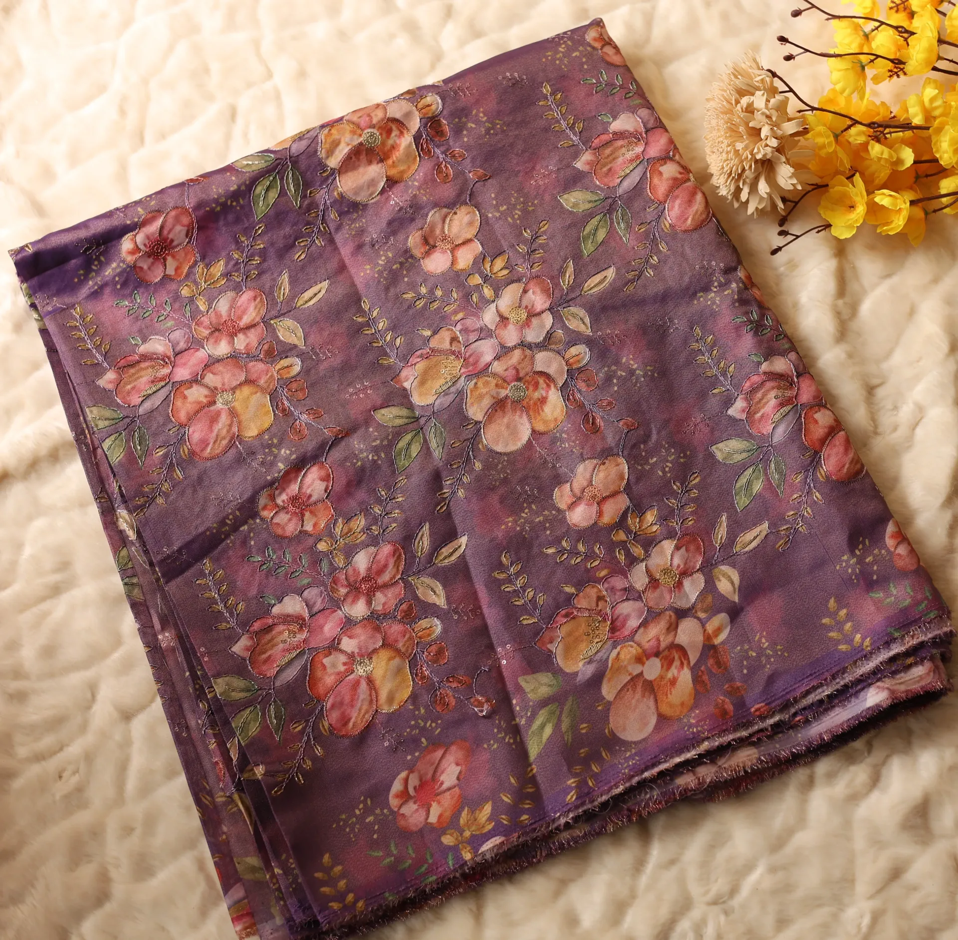 Purple Floral Printed Organza Fabric