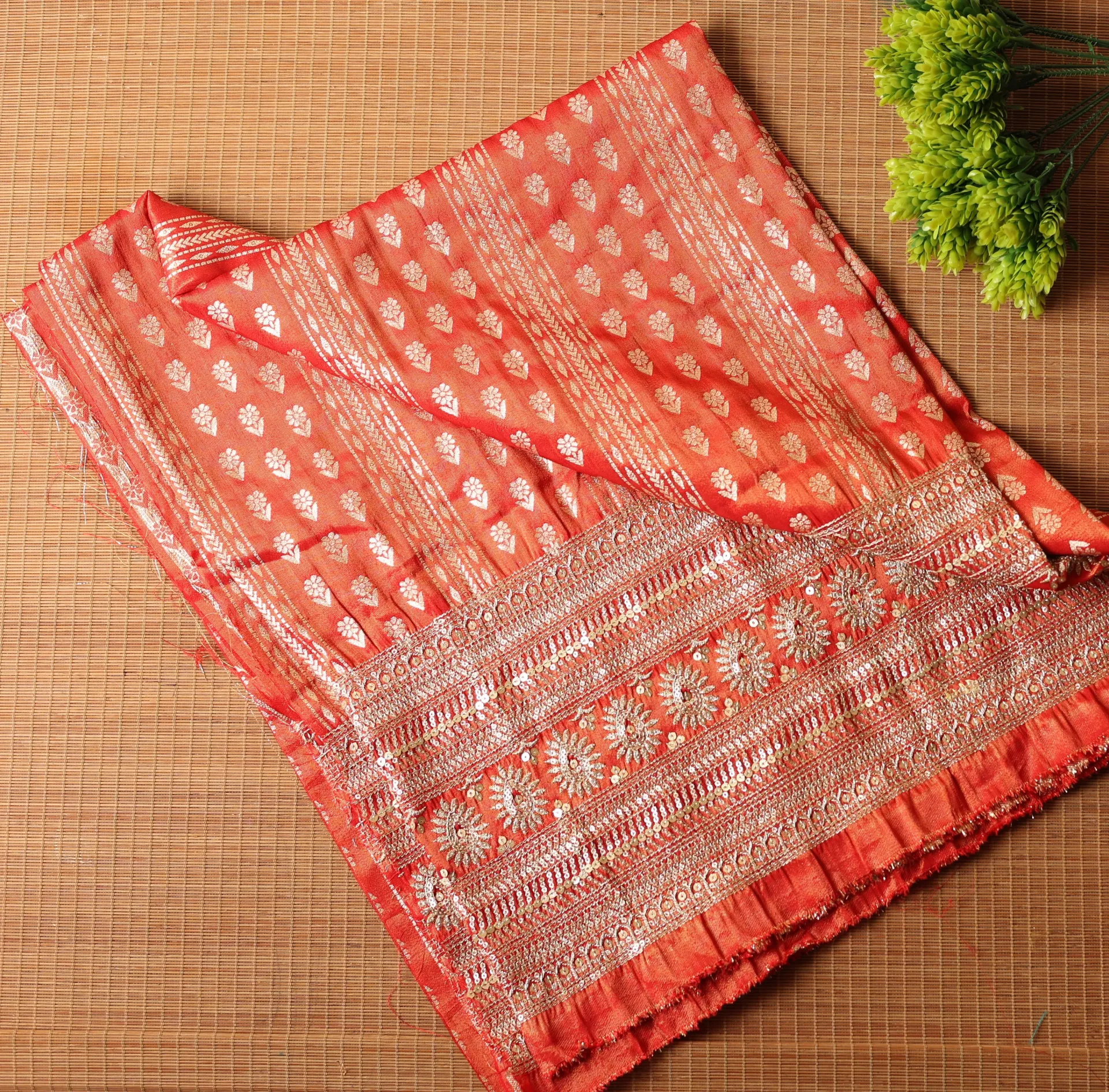 Orange Shimmer Fabric - Zari Flower Print (2.36 meter cut piece)